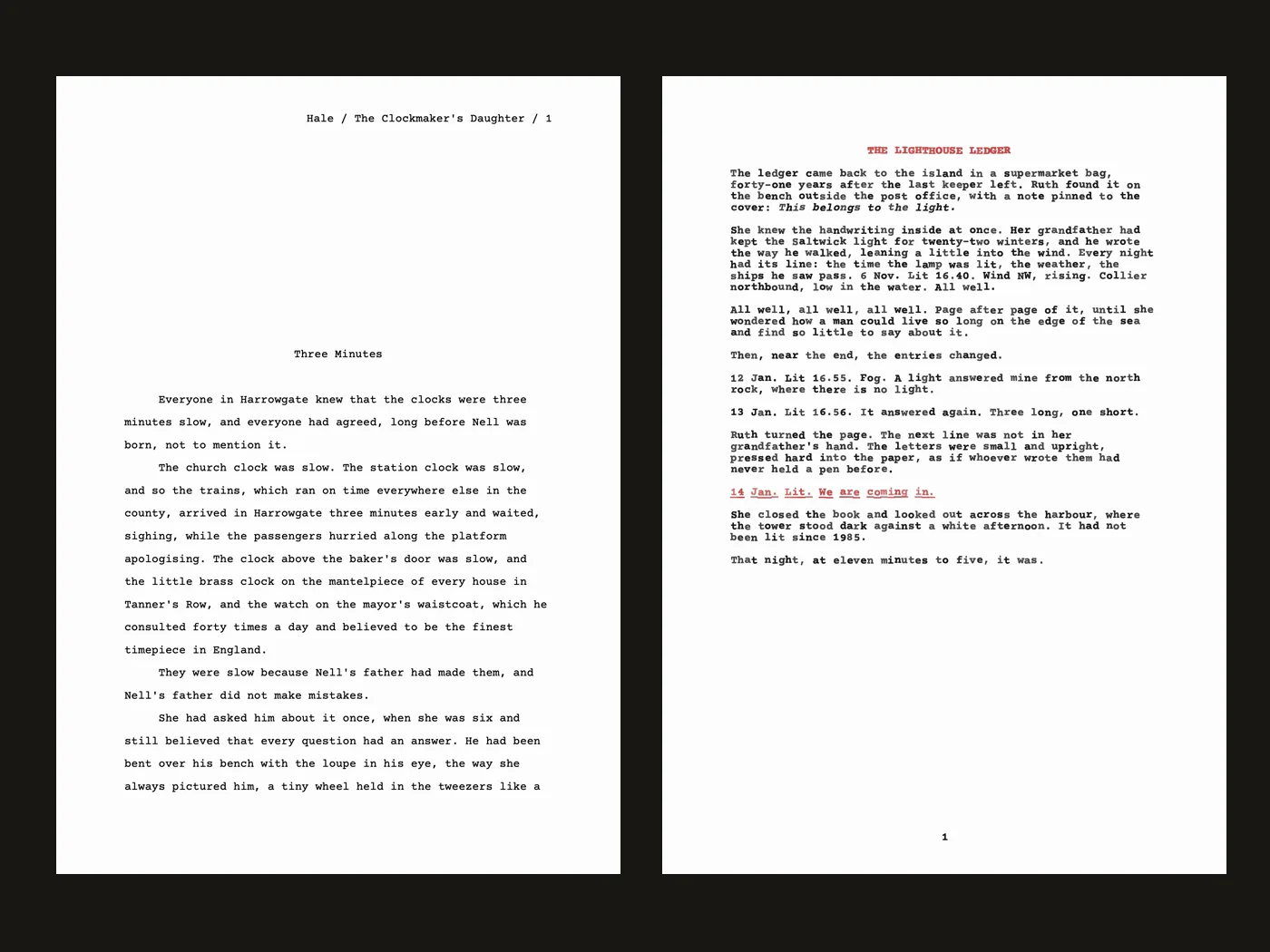 A standard manuscript page for publishers beside a typed page in red and black ink