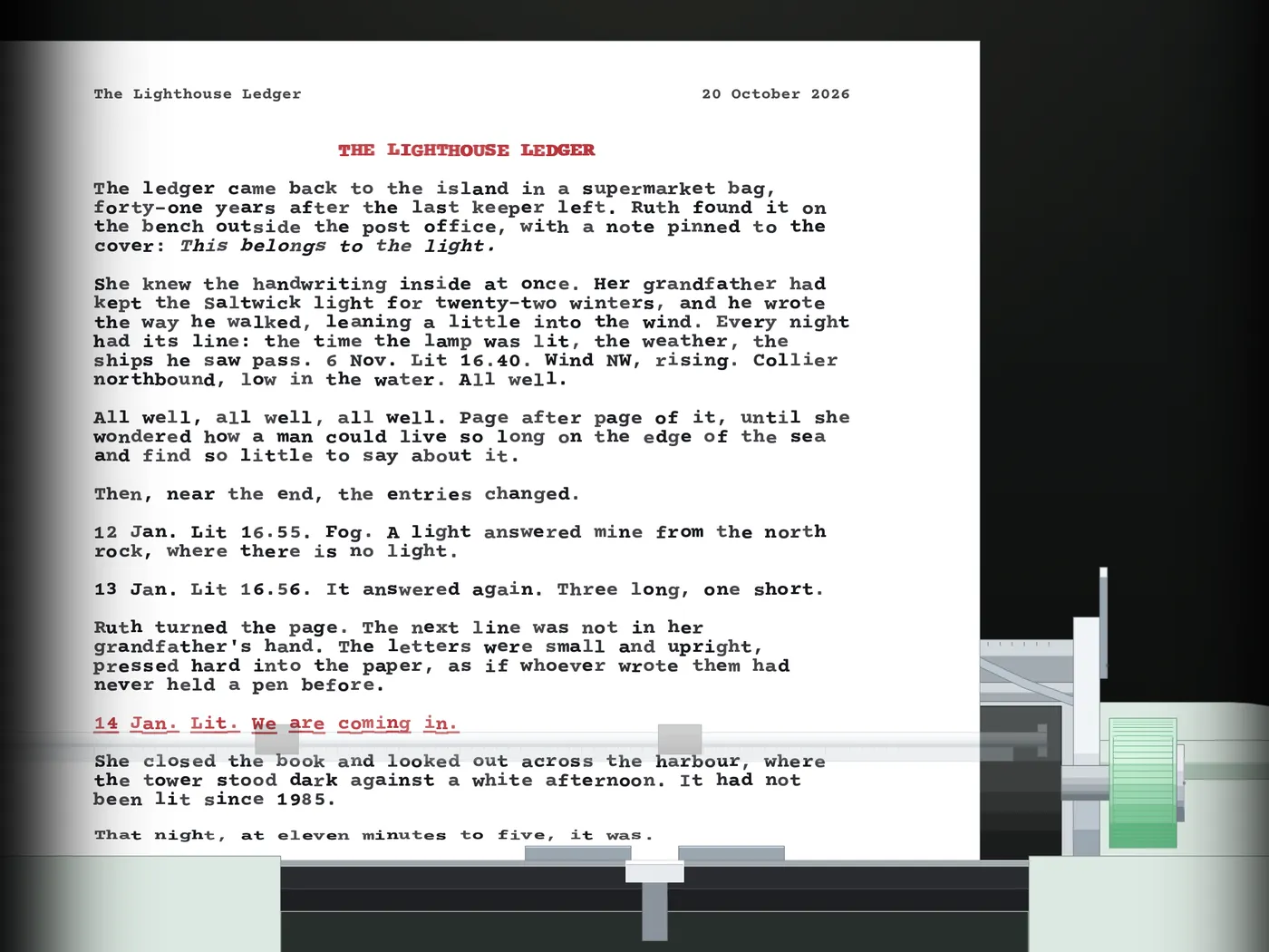 A typed page with a red title, an italic line and a red underlined line