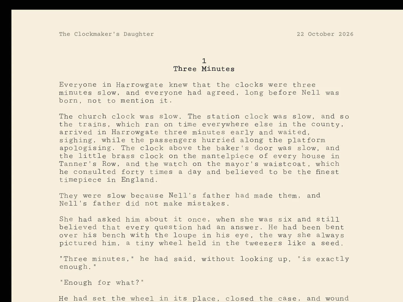 A chapter page in the Manuscript view, on cream paper